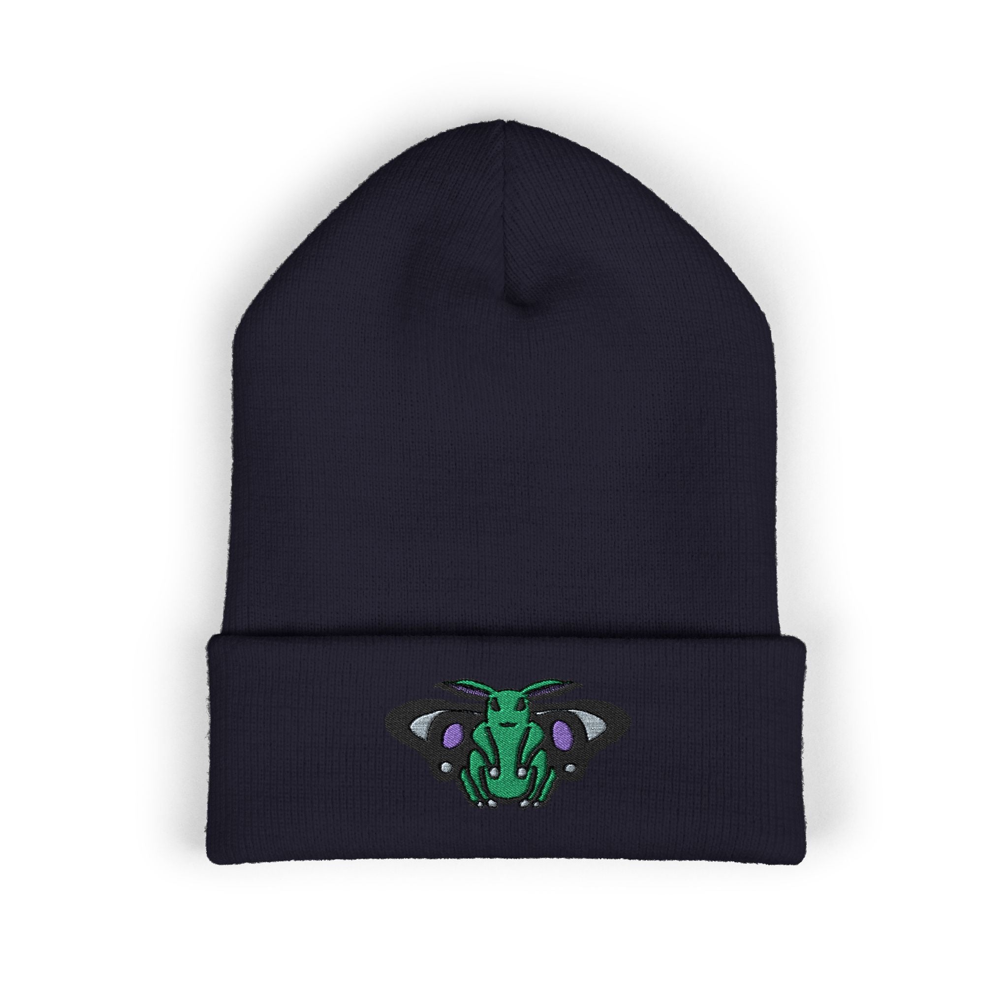Poodle Moth Embroidered Beanie — Cuffed Knit Nightscape Moth Beanie