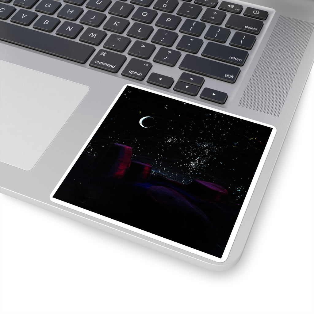 Night Sky Square Sticker — Crescent Moon & Starry Desert Scene