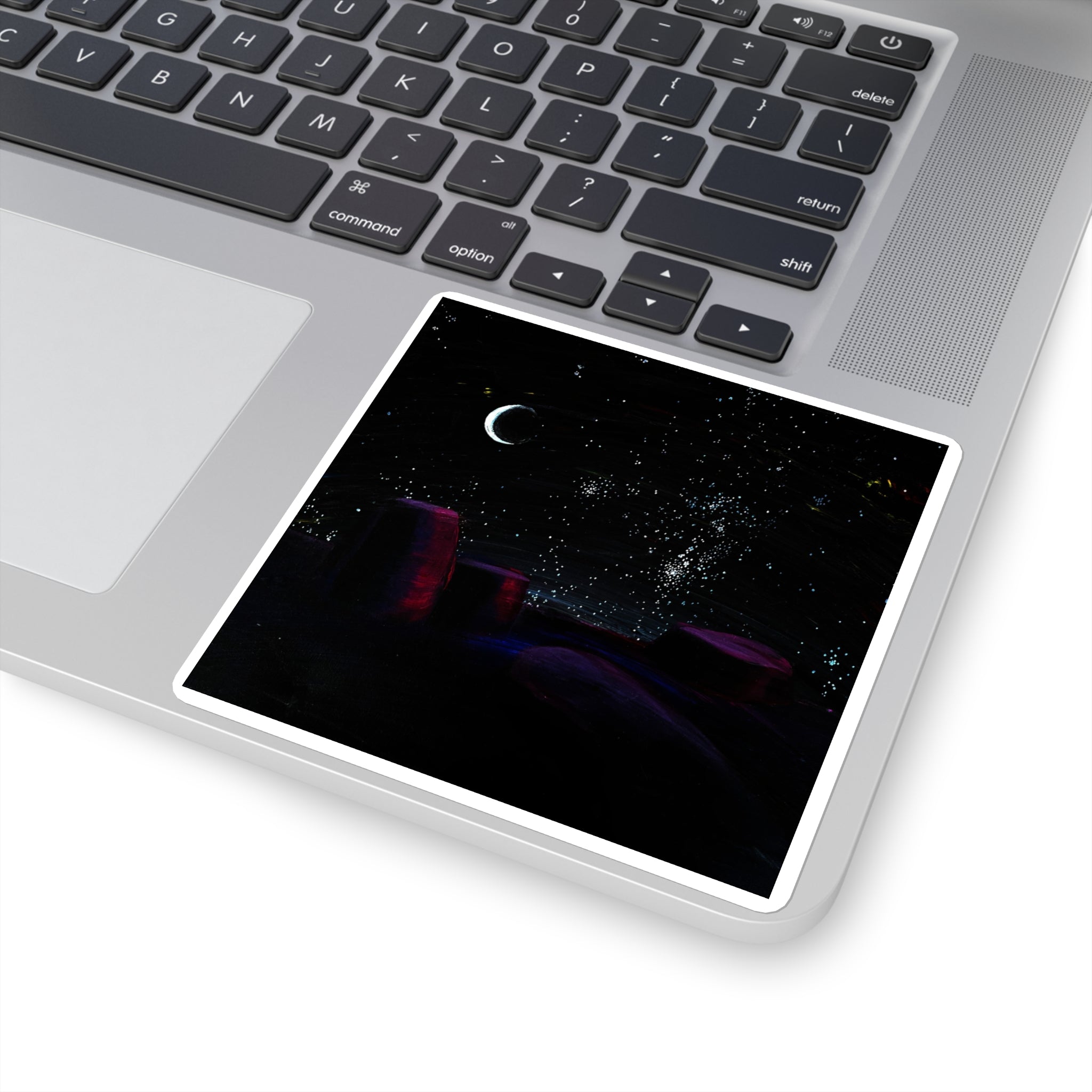 Night Sky Square Sticker — Crescent Moon & Starry Desert Scene