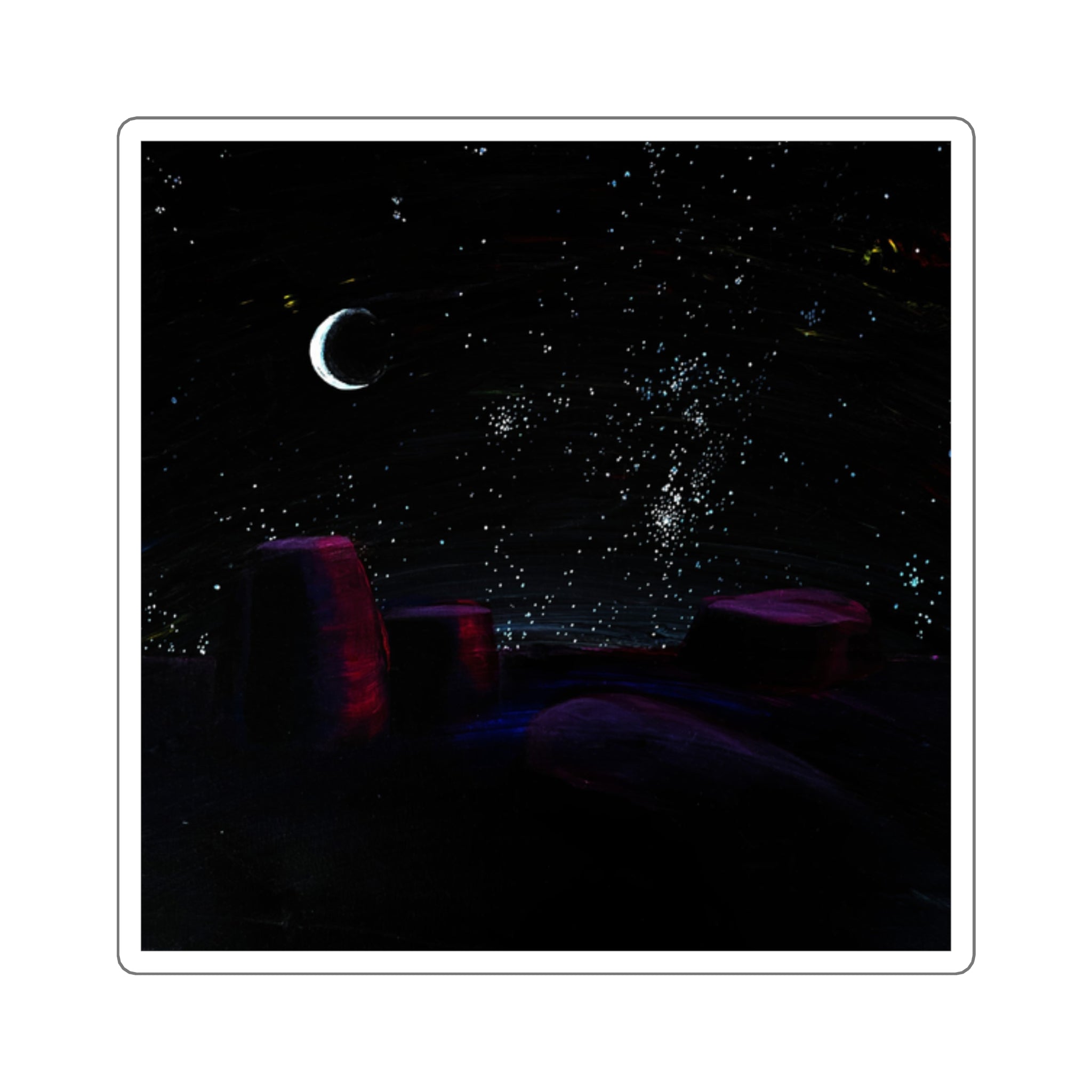 Night Sky Square Sticker — Crescent Moon & Starry Desert Scene