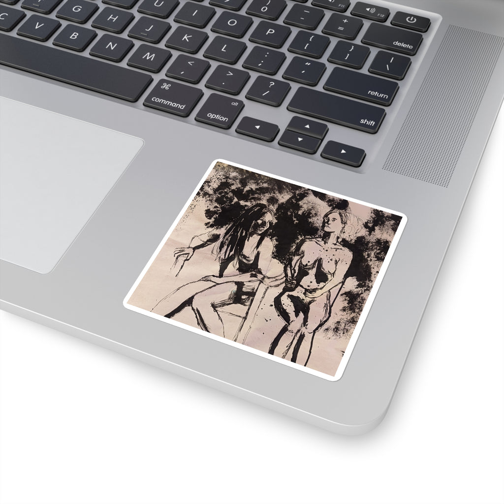 Figure Study Square Sticker — Expressive Black Ink Women Sketch Art