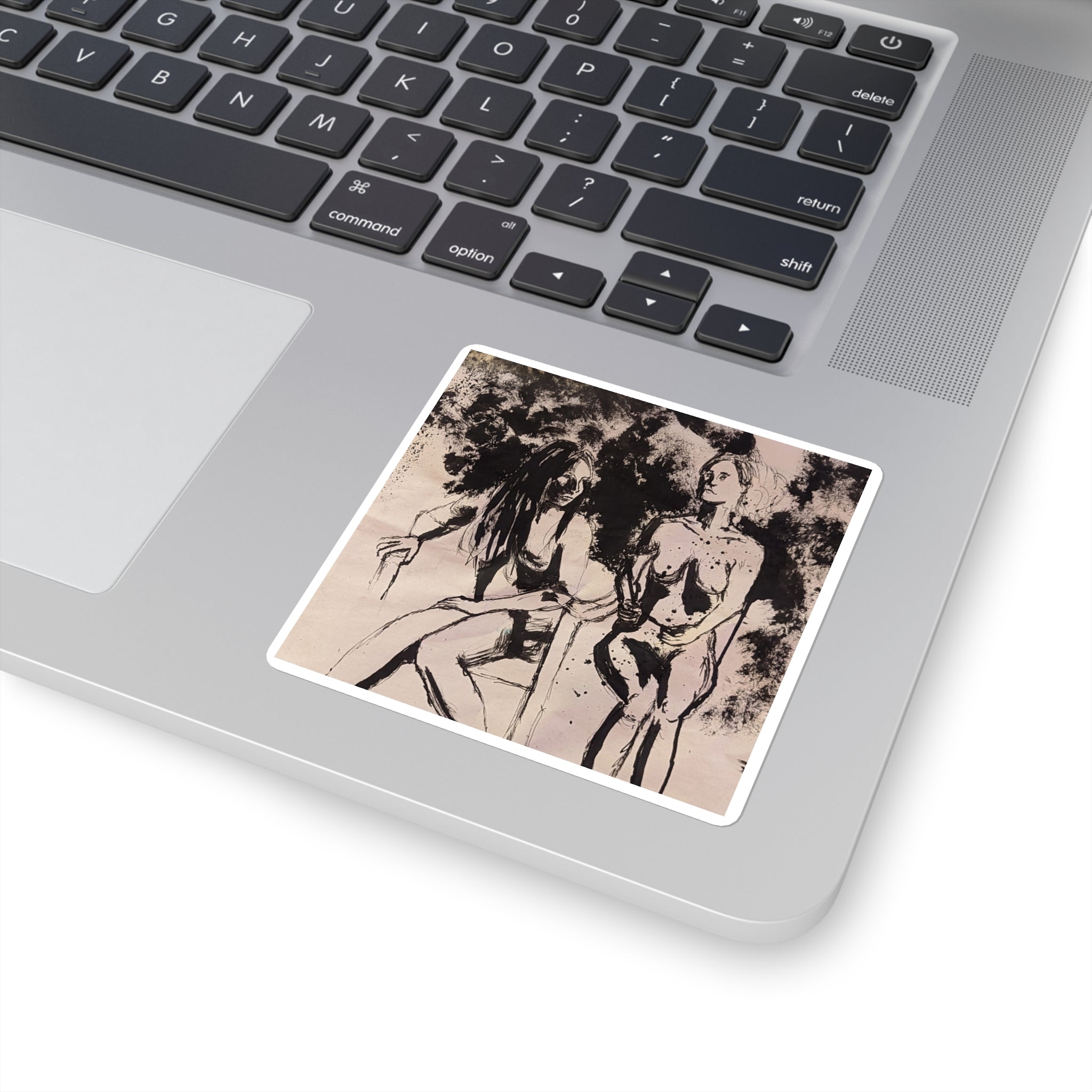 Figure Study Square Sticker — Expressive Black Ink Women Sketch Art