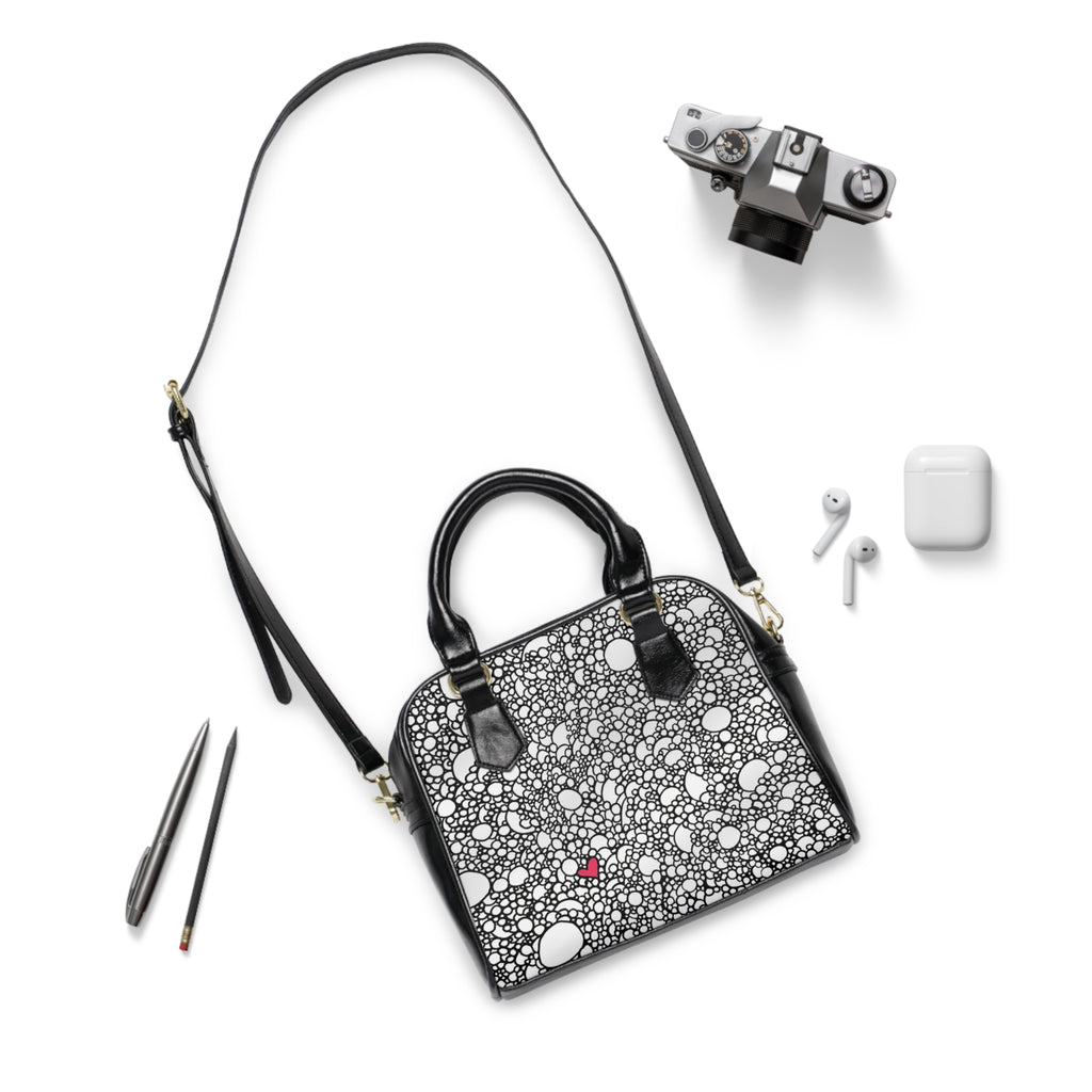 Bubble Pattern Shoulder Handbag with Tiny Red Heart — Chic Black & White Tote