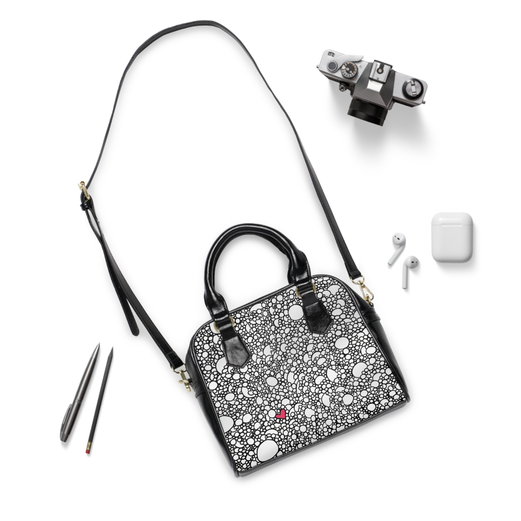 Bubble Pattern Shoulder Handbag with Tiny Red Heart — Chic Black & White Tote