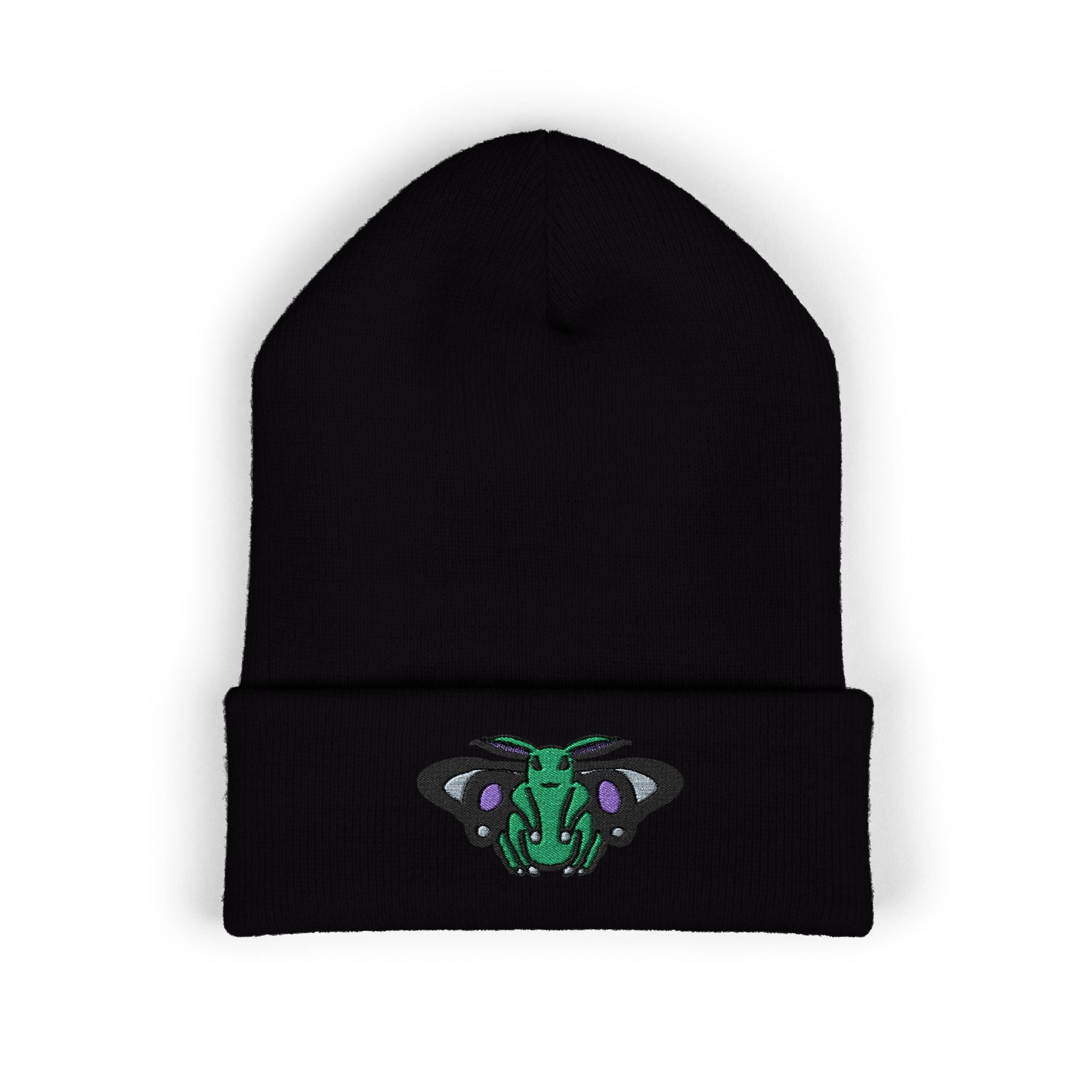 Poodle Moth Embroidered Beanie — Cuffed Knit Nightscape Moth Beanie