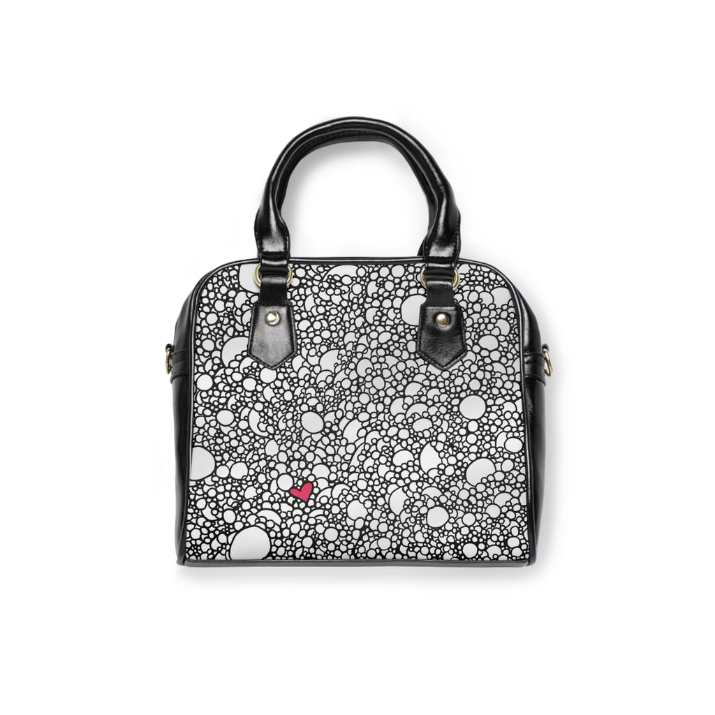 Bubble Pattern Shoulder Handbag with Tiny Red Heart — Chic Black & White Tote