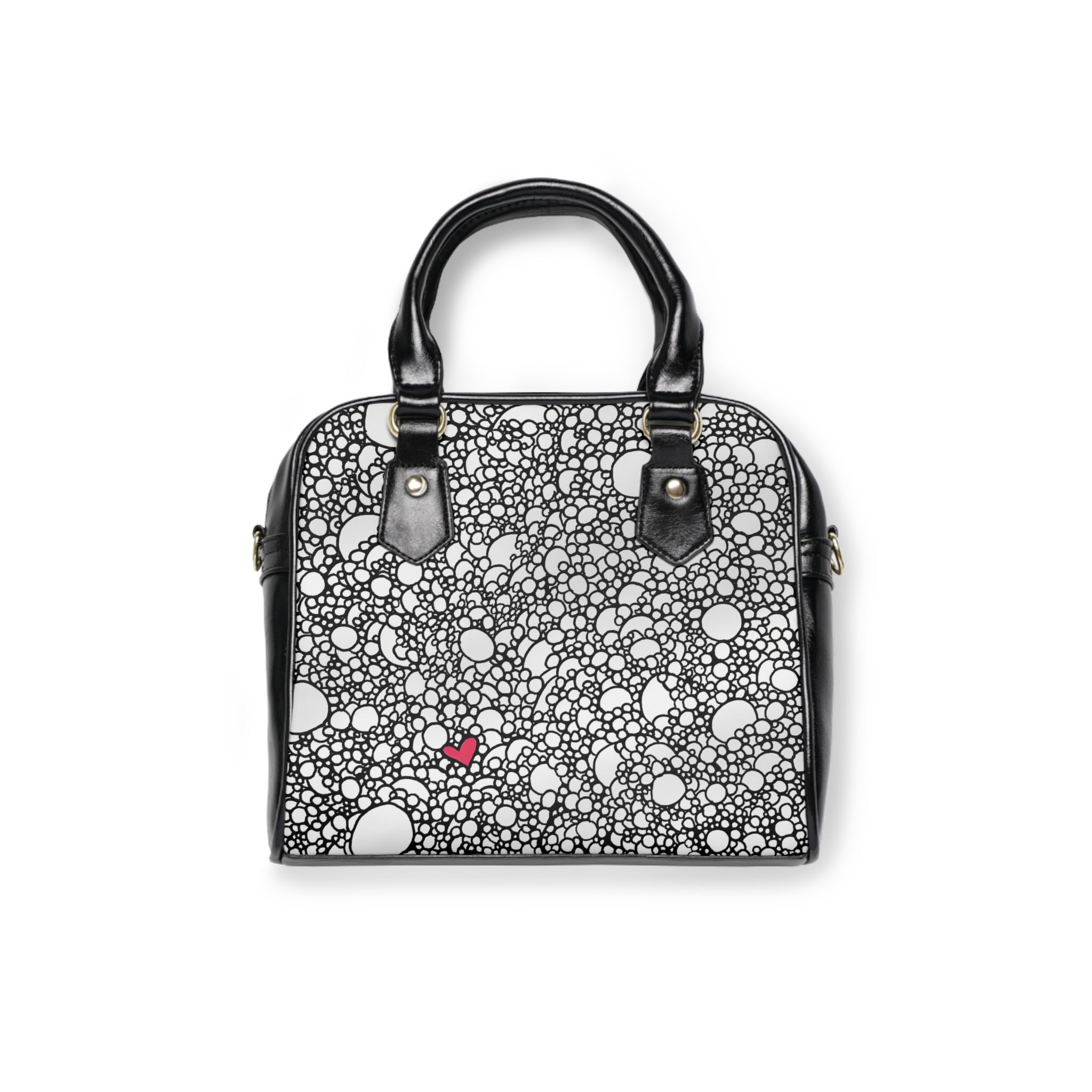 Bubble Pattern Shoulder Handbag with Tiny Red Heart — Chic Black & White Tote