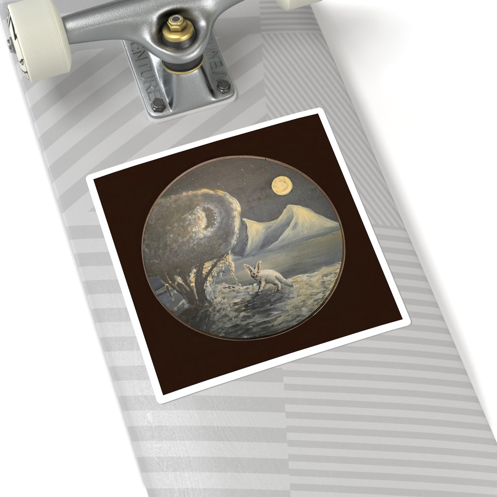 Moonlit Fennoc Fox Square Sticker — Vintage Nightscape Laptop Decal