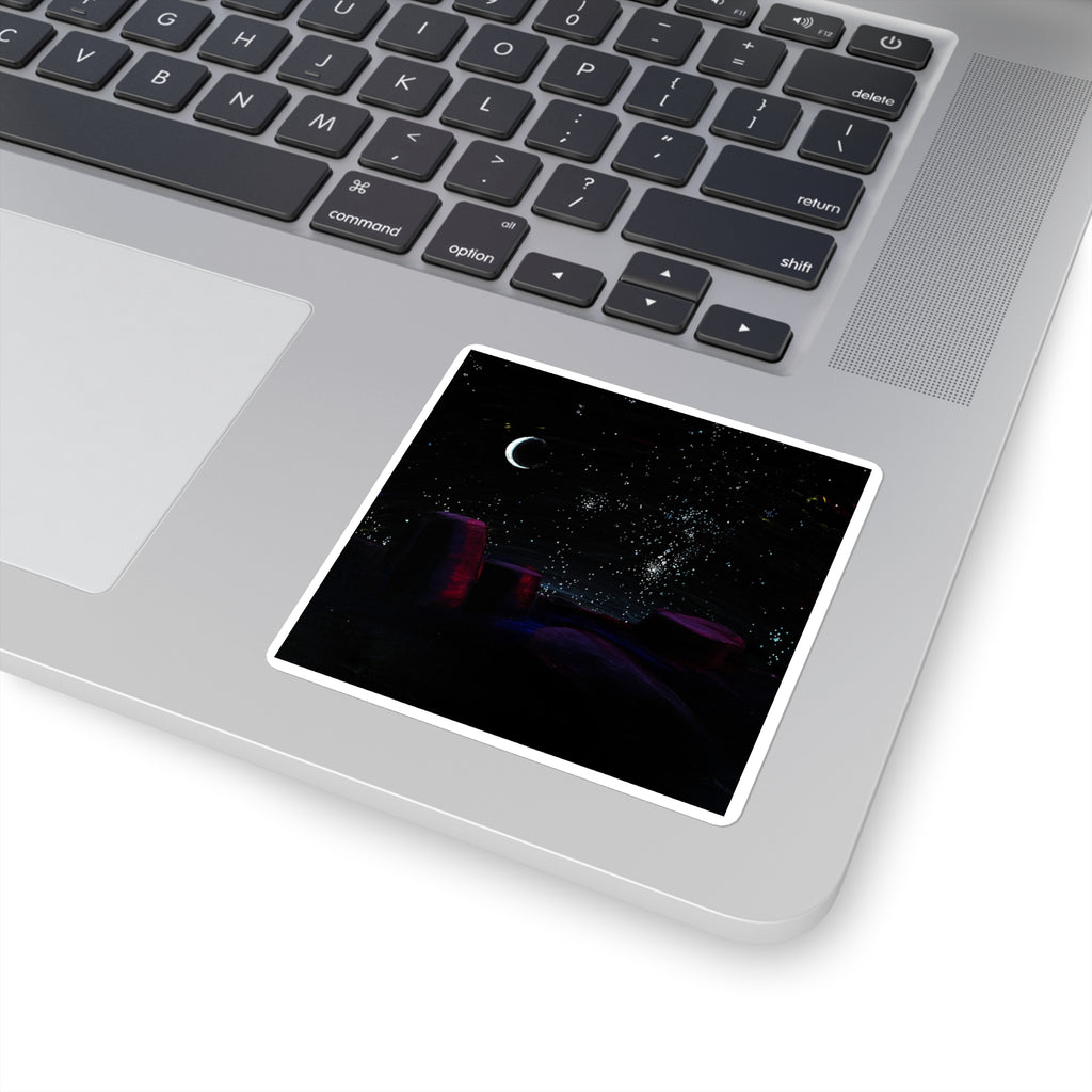 Night Sky Square Sticker — Crescent Moon & Starry Desert Scene
