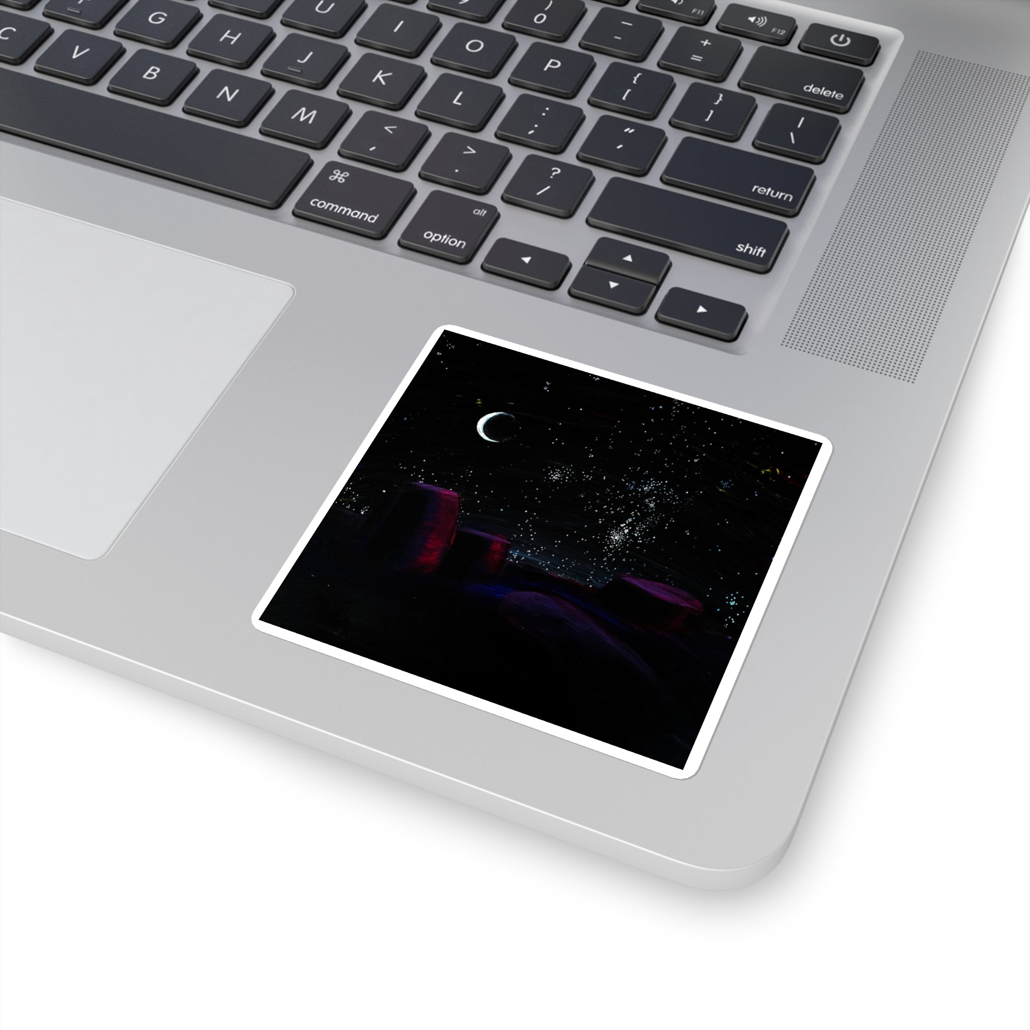 Night Sky Square Sticker — Crescent Moon & Starry Desert Scene
