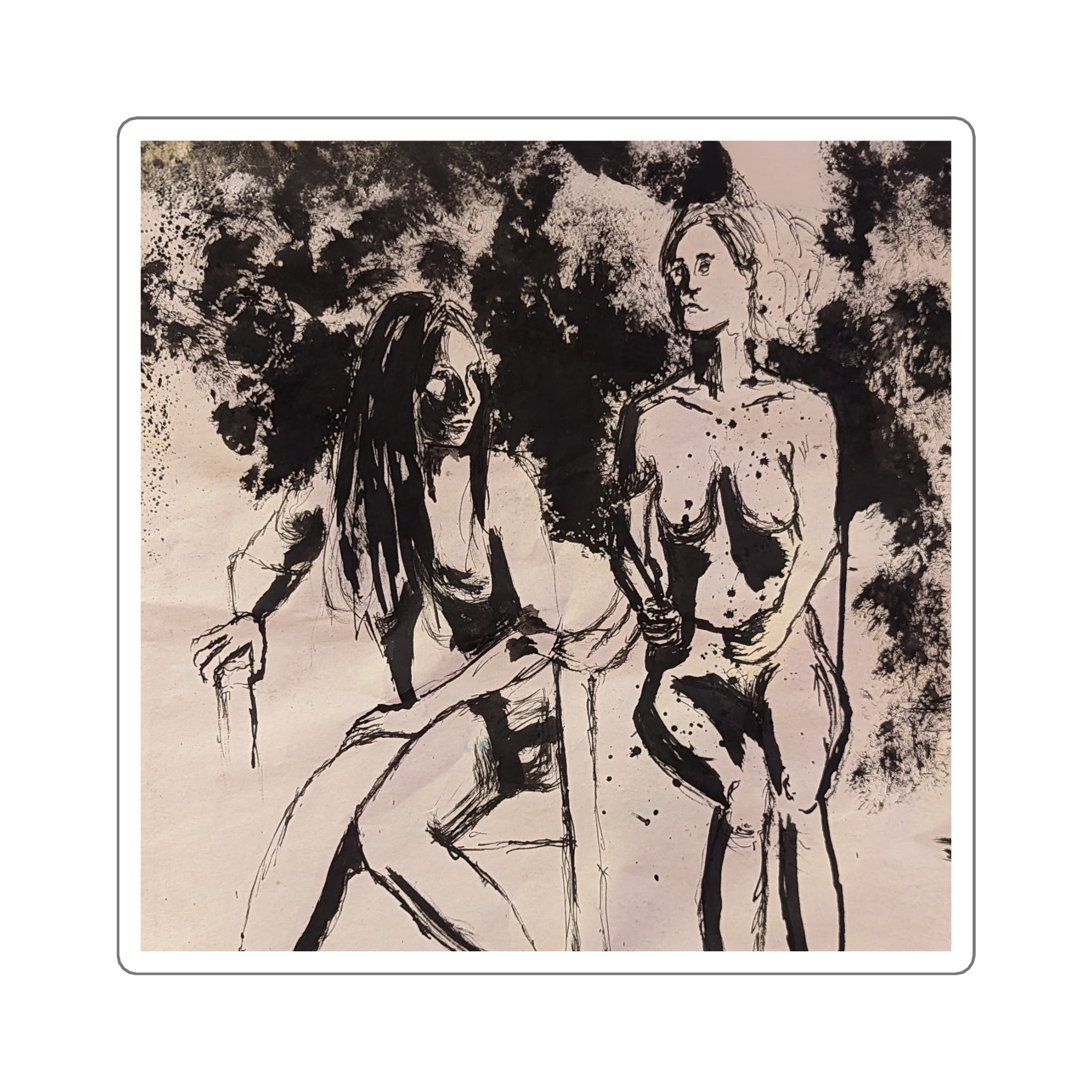 Figure Study Square Sticker — Expressive Black Ink Women Sketch Art