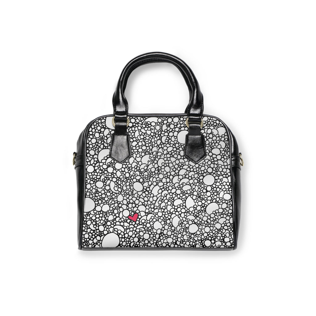 Bubble Pattern Shoulder Handbag with Tiny Red Heart — Chic Black & White Tote