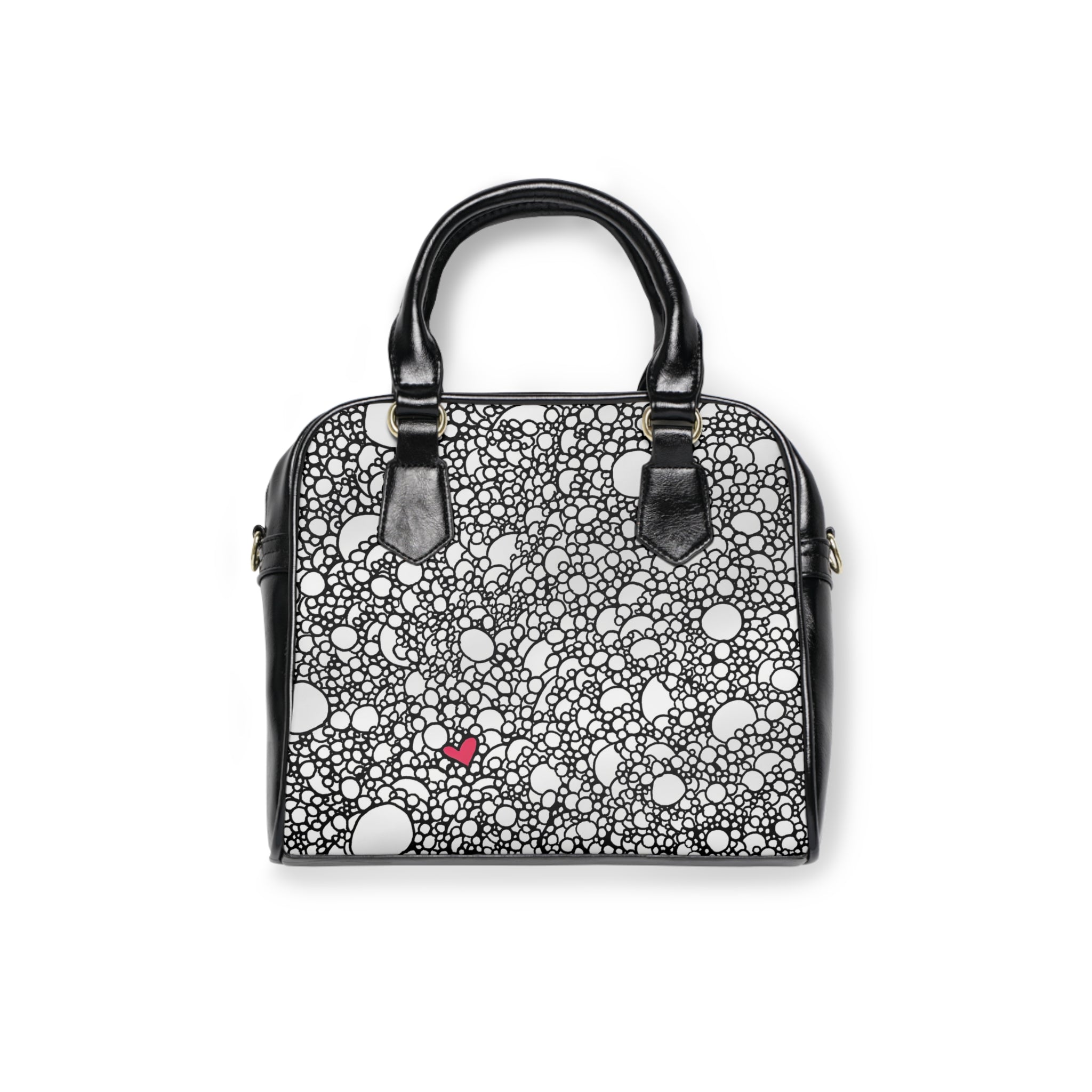 Bubble Pattern Shoulder Handbag with Tiny Red Heart — Chic Black & White Tote