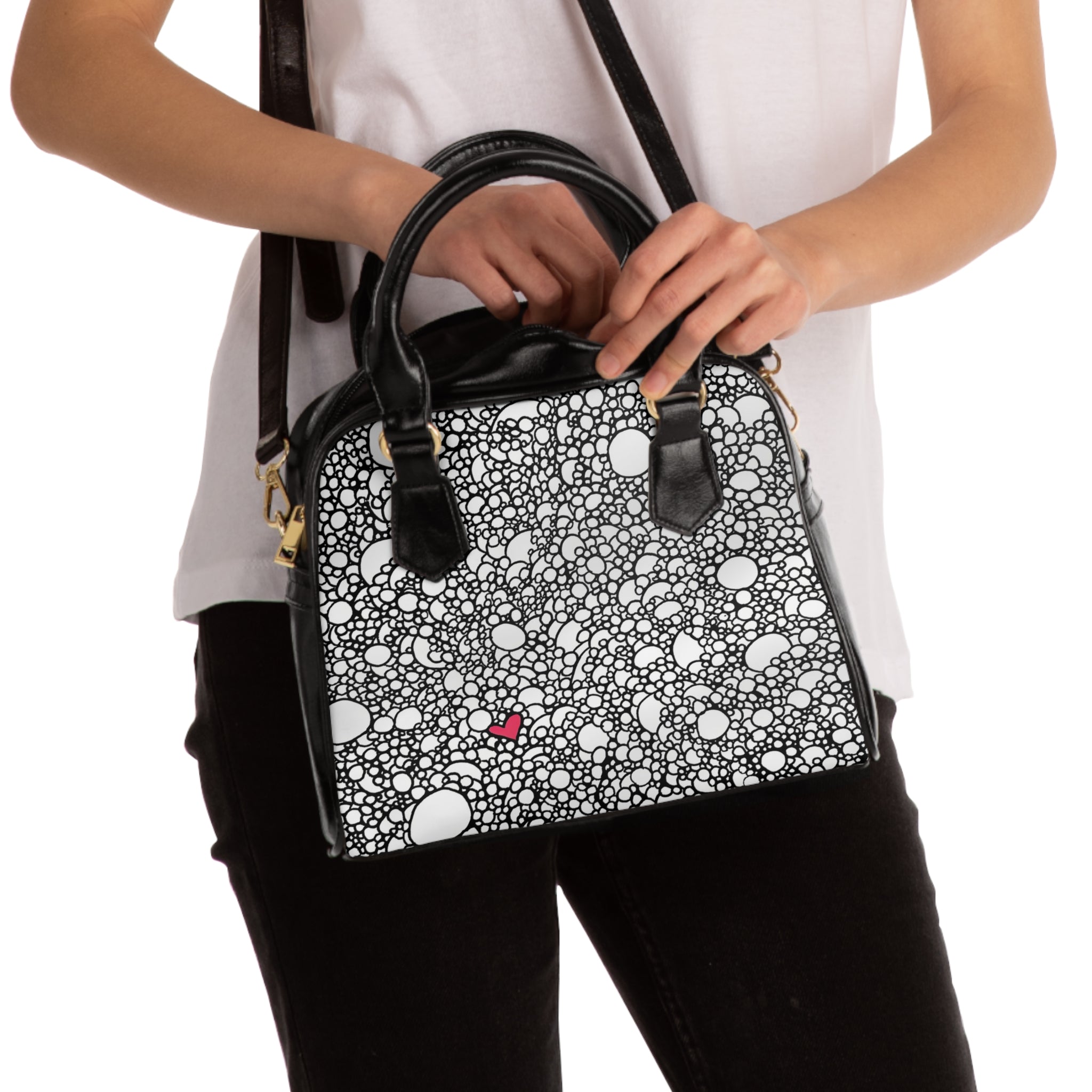 Bubble Pattern Shoulder Handbag with Tiny Red Heart — Chic Black & White Tote