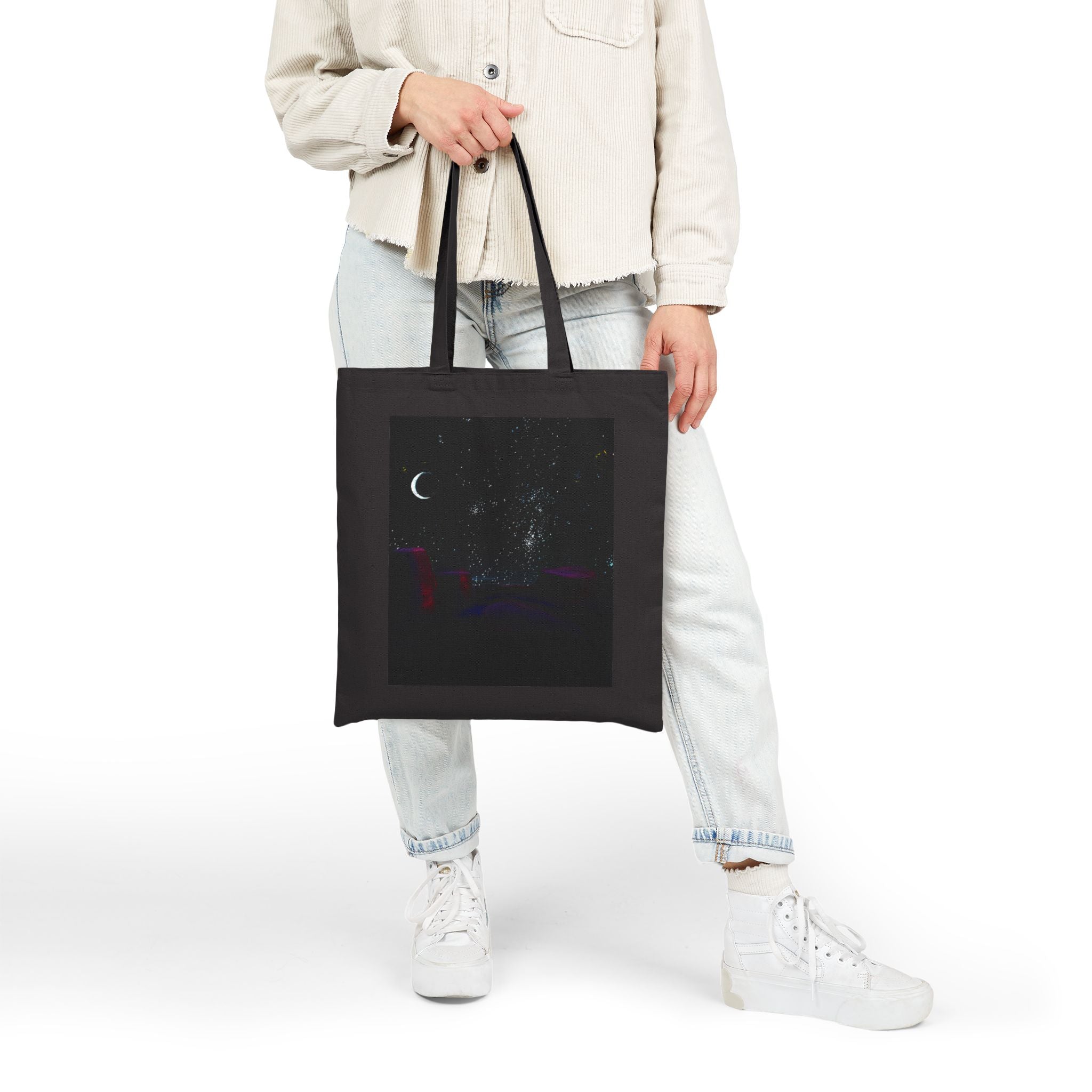 Nightscape Canvas Tote Bag - Crescent Moon & Stars Reusable Beach / Market Tote
