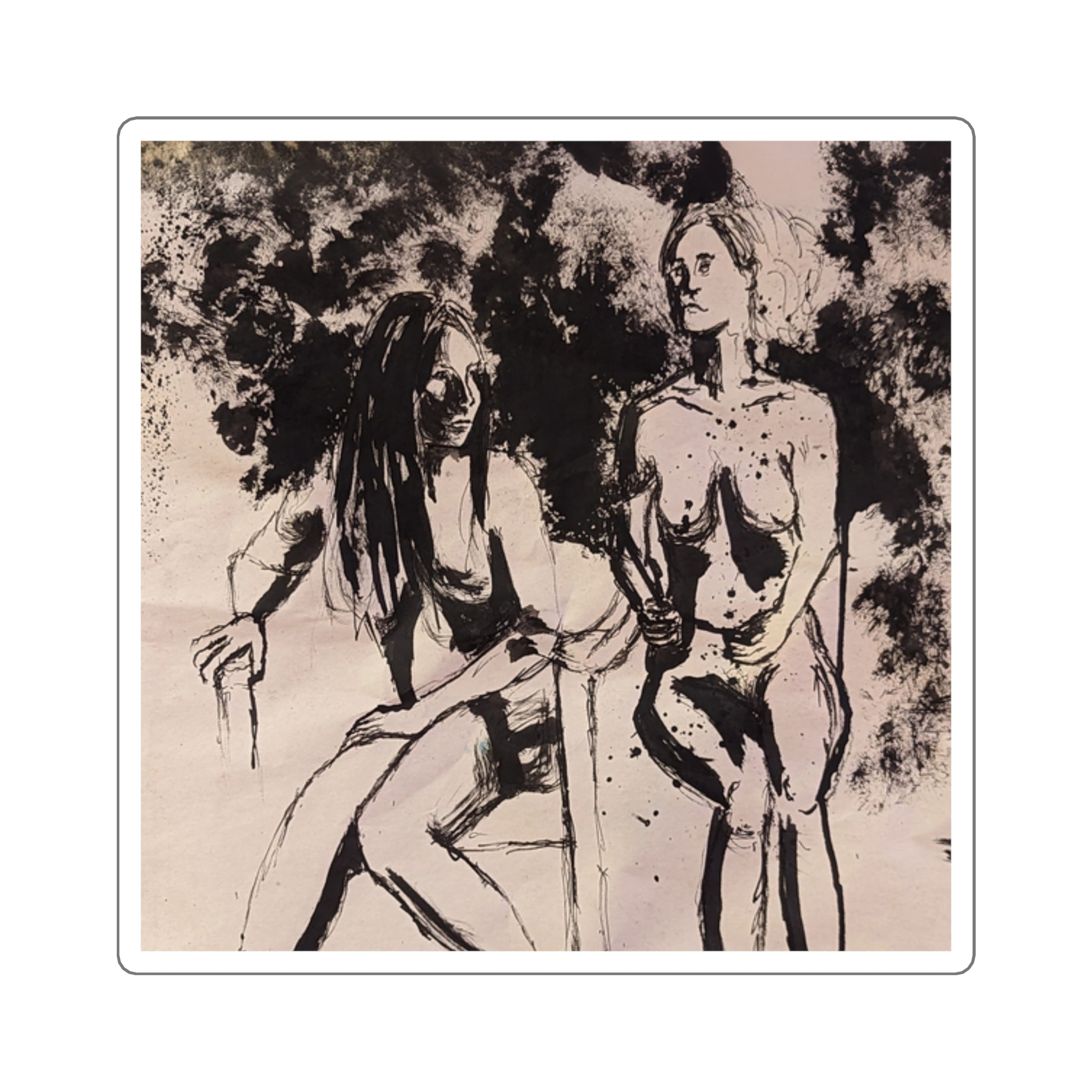 Figure Study Square Sticker — Expressive Black Ink Women Sketch Art