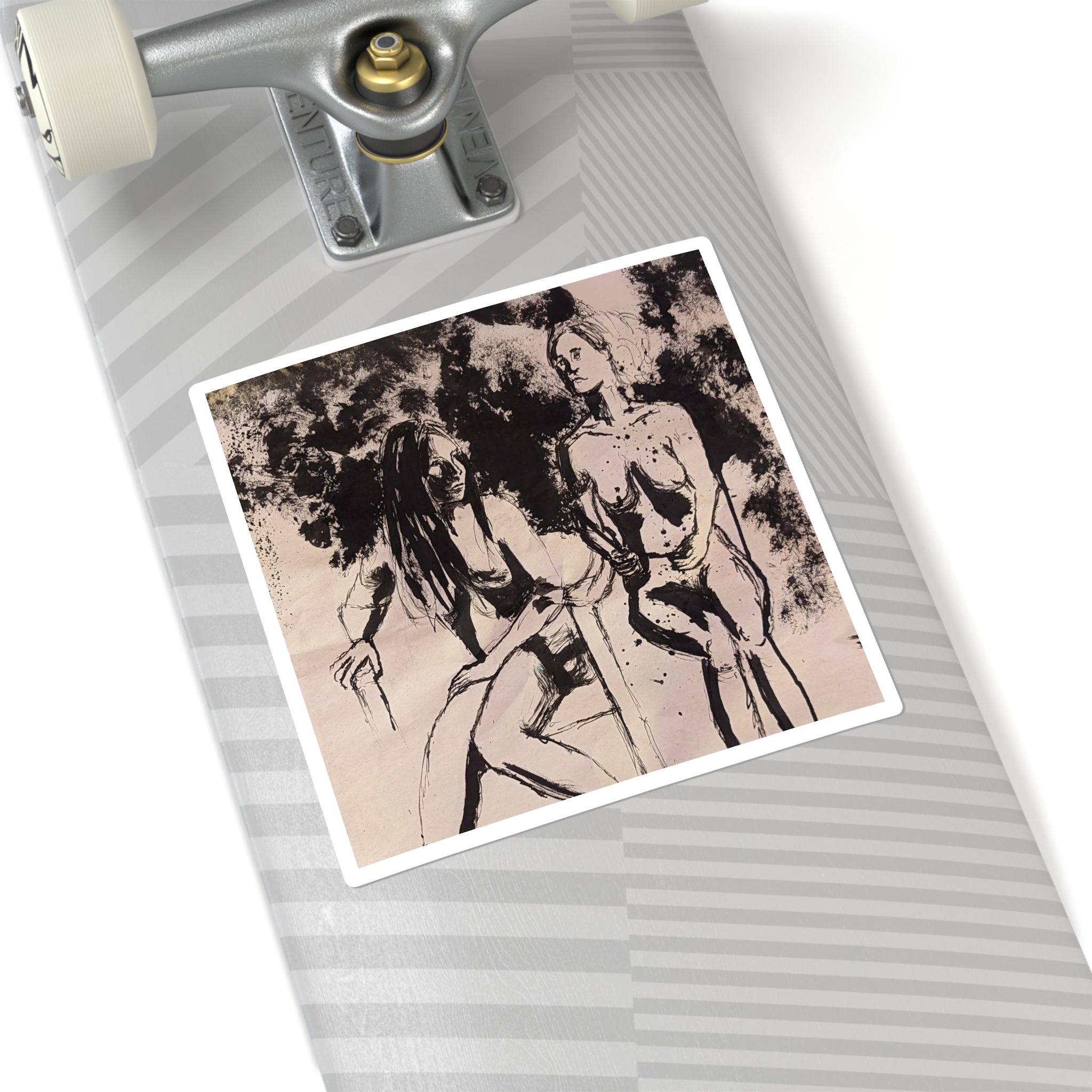 Figure Study Square Sticker — Expressive Black Ink Women Sketch Art