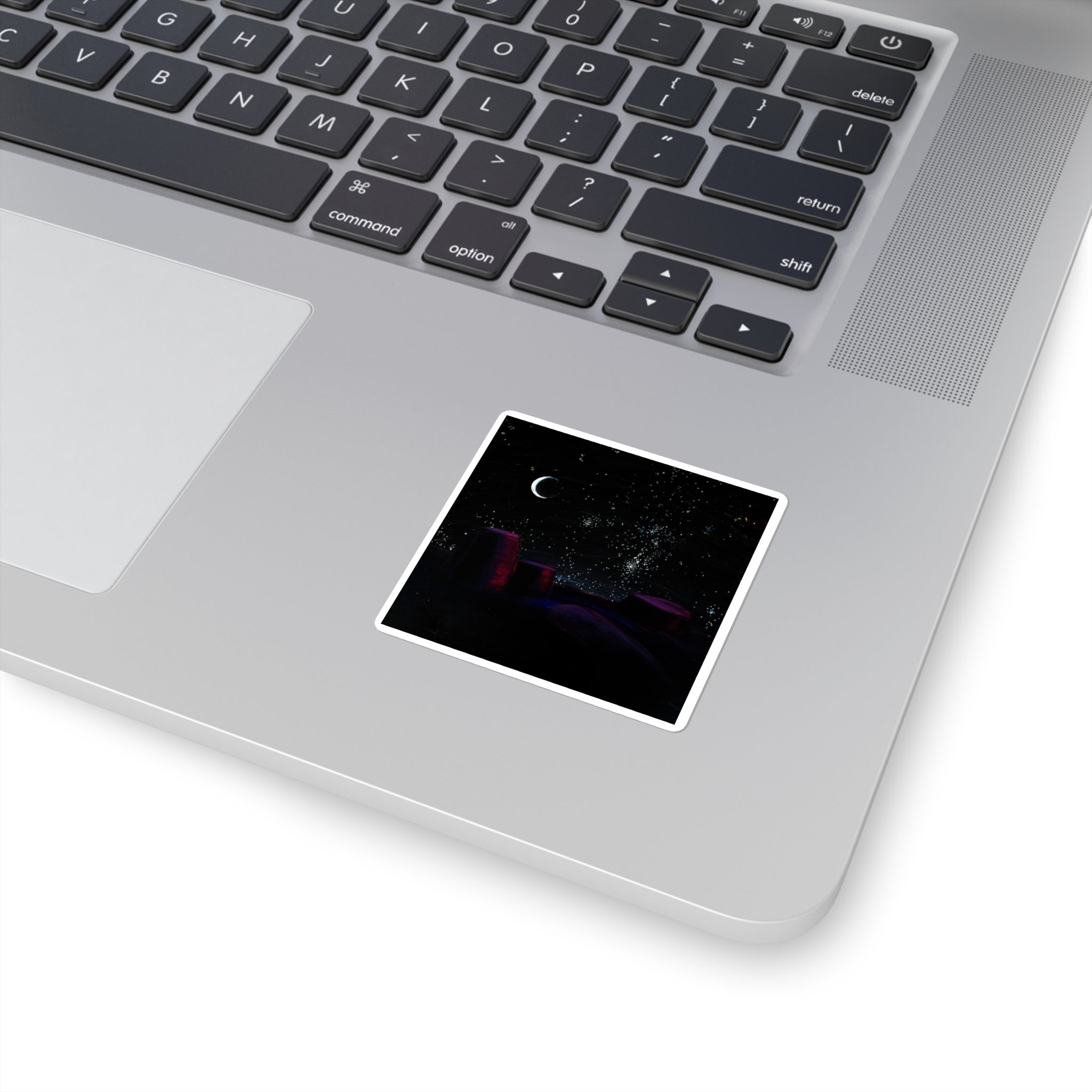 Night Sky Square Sticker — Crescent Moon & Starry Desert Scene