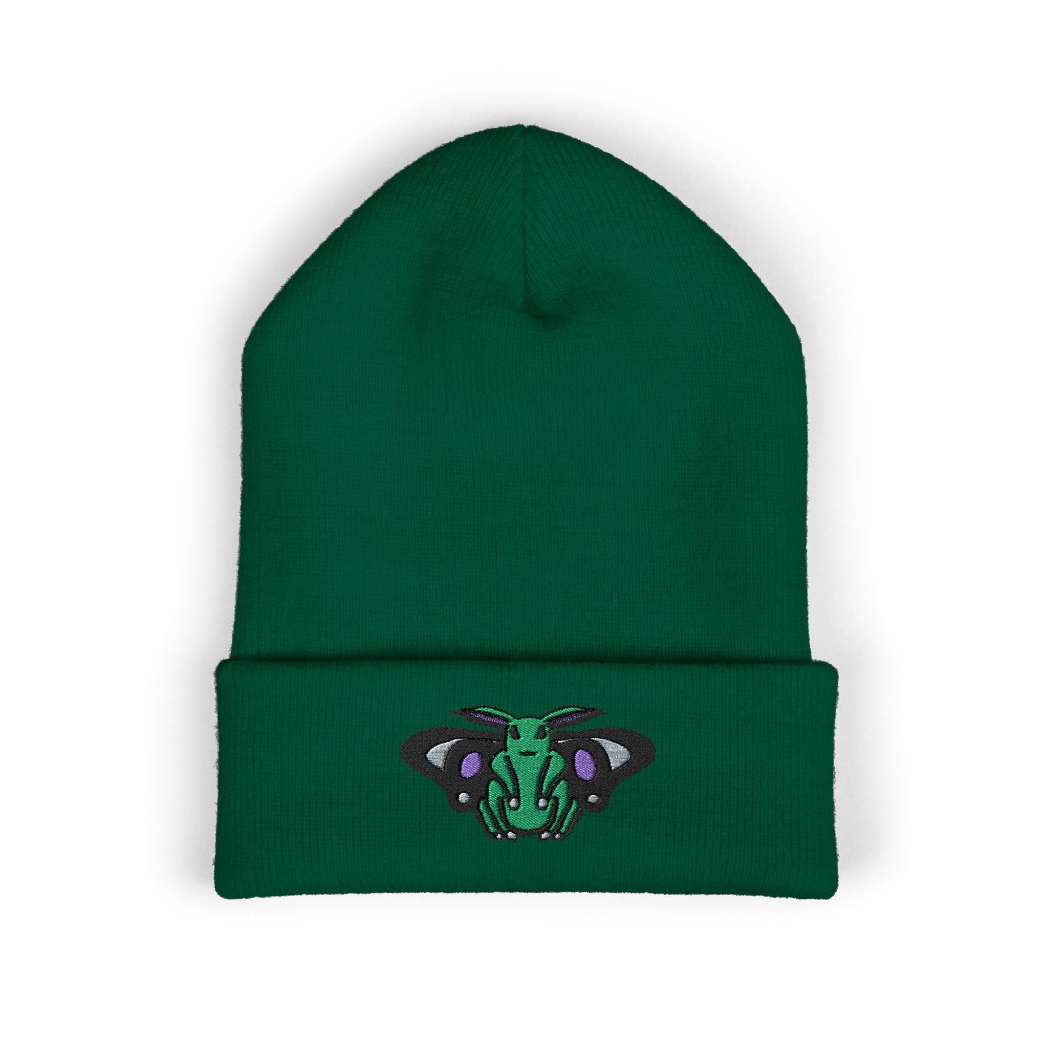 Poodle Moth Embroidered Beanie — Cuffed Knit Nightscape Moth Beanie