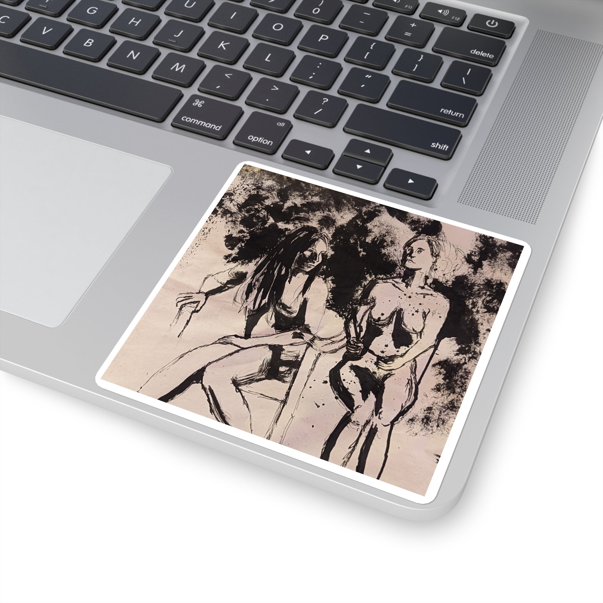 Figure Study Square Sticker — Expressive Black Ink Women Sketch Art