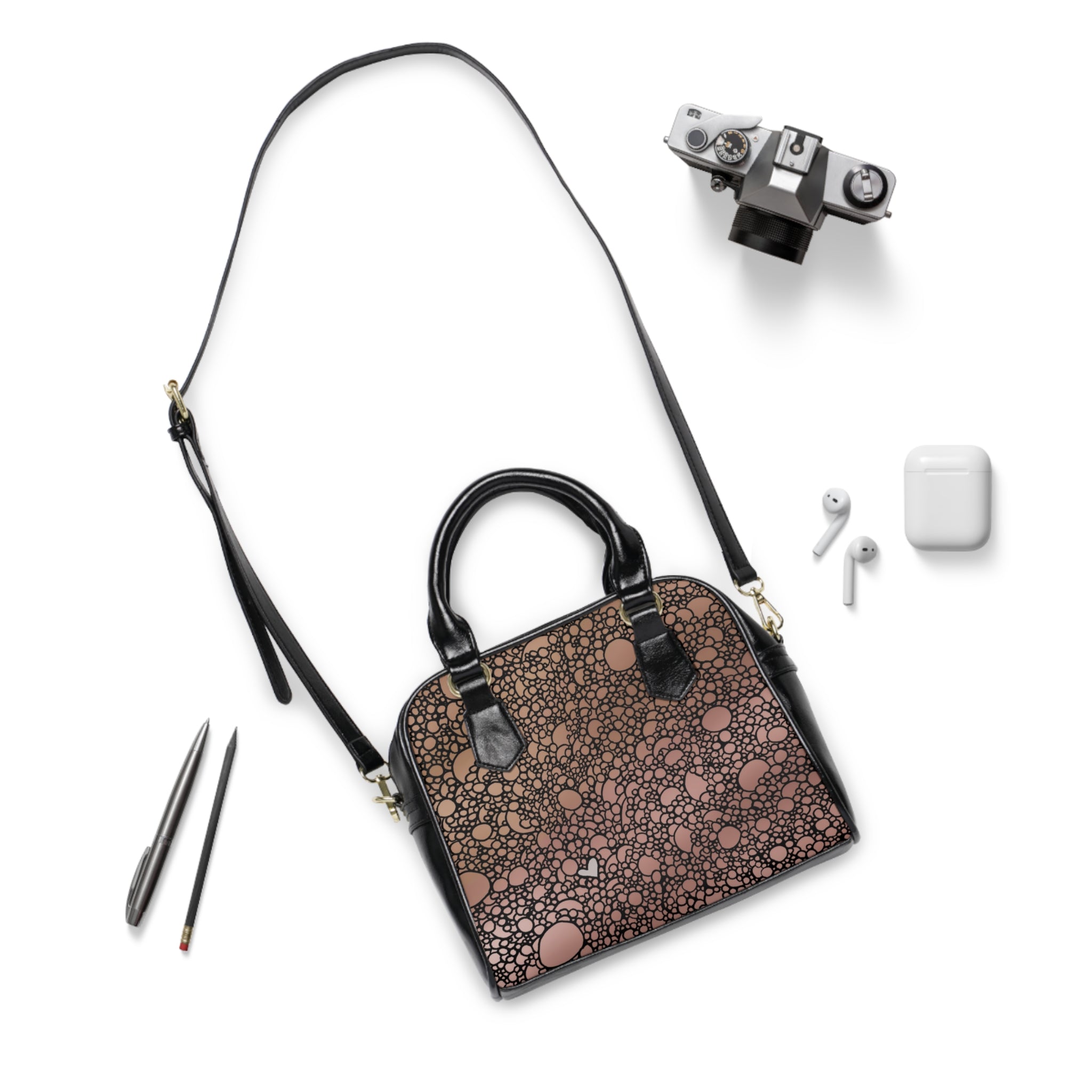 Bubble Texture Shoulder Handbag — Brown Polka Dot Patterned Purse