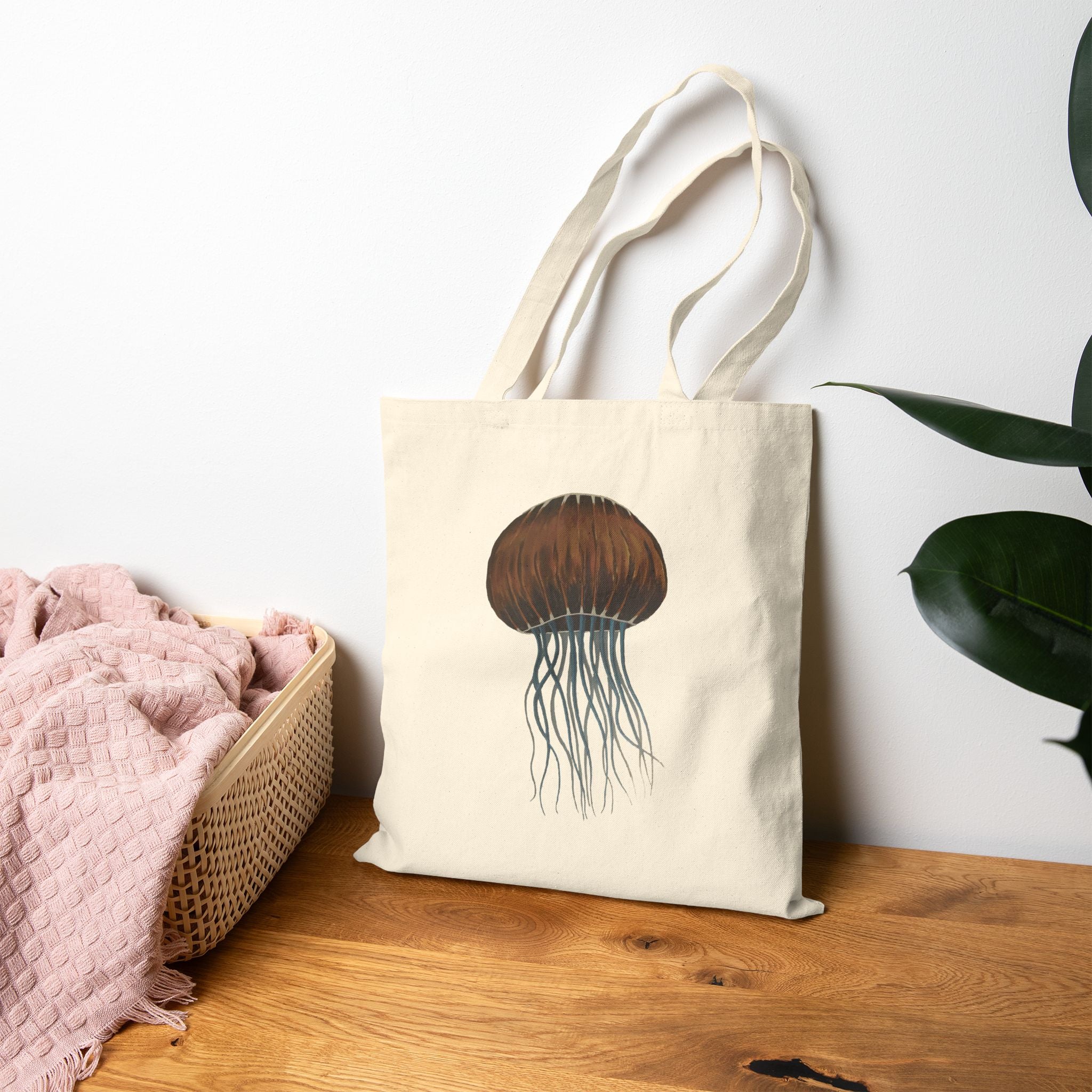 Jellyfish Canvas Tote Bag — Vintage Watercolor Sea Life Beach Market Bag