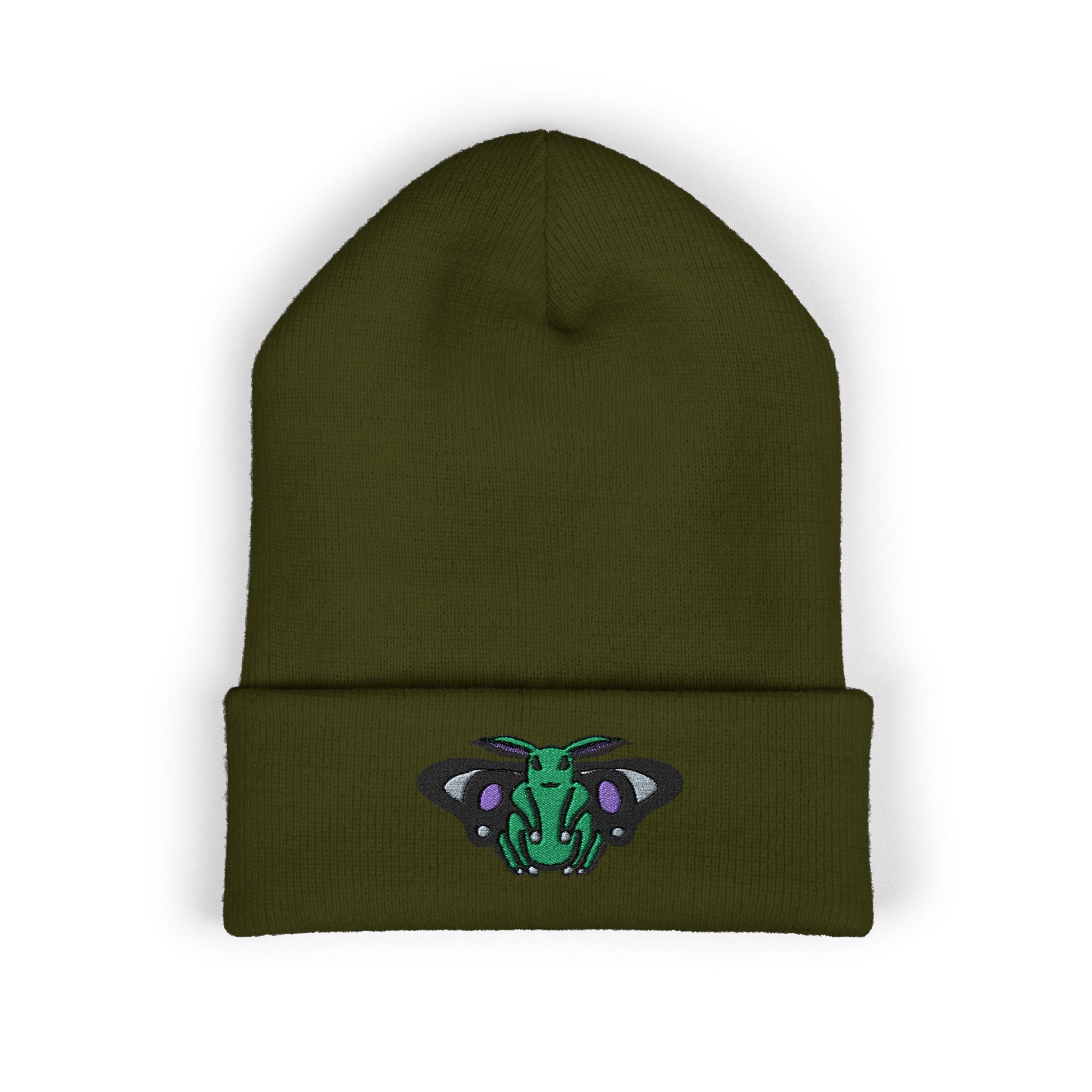 Poodle Moth Embroidered Beanie — Cuffed Knit Nightscape Moth Beanie