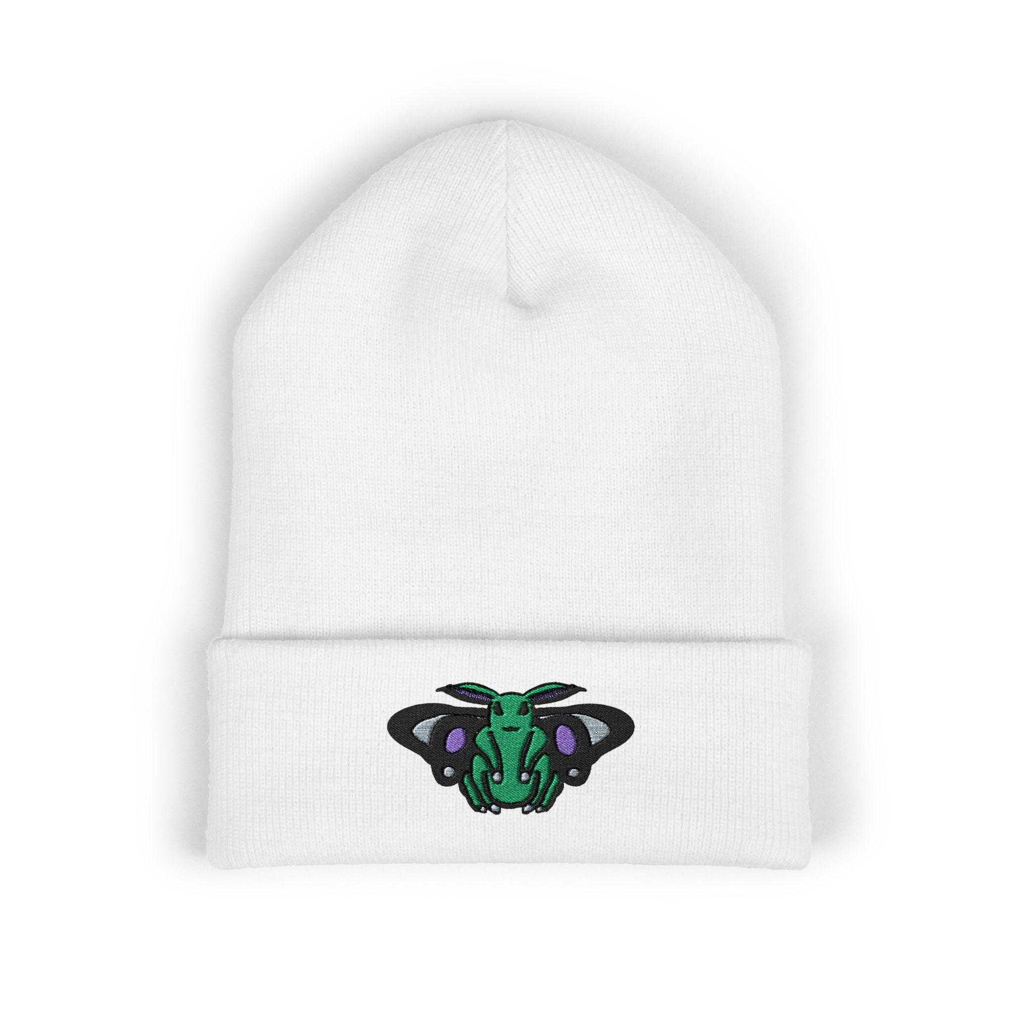 Poodle Moth Embroidered Beanie — Cuffed Knit Nightscape Moth Beanie