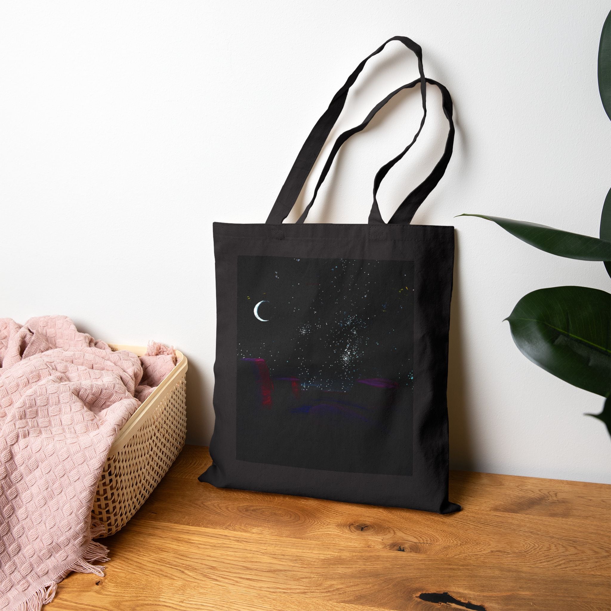 Nightscape Canvas Tote Bag - Crescent Moon & Stars Reusable Beach / Market Tote