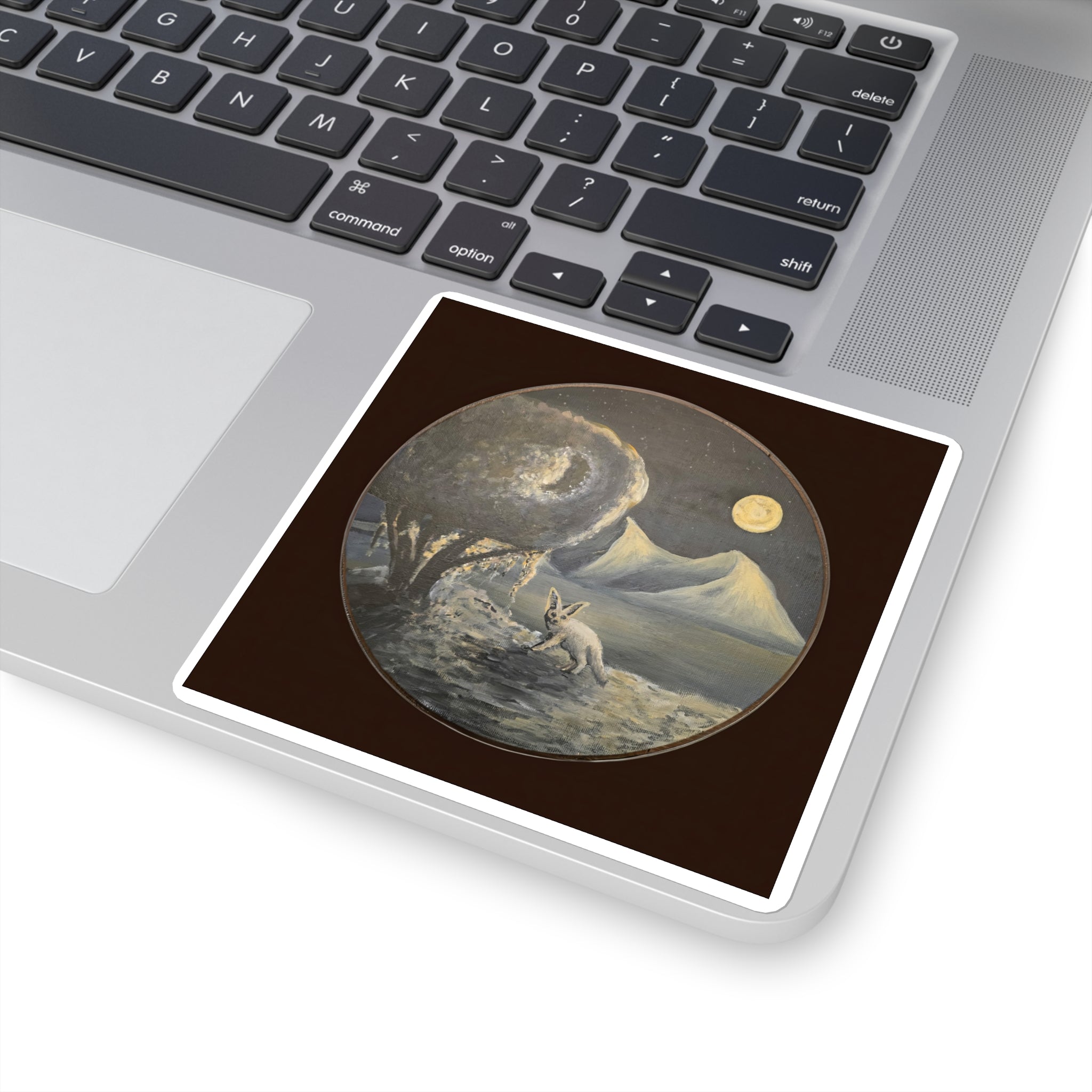 Moonlit Fennoc Fox Square Sticker — Vintage Nightscape Laptop Decal